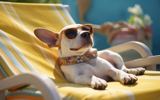 Araffe dog wearing sunglasses sitting on a beach chair generative ai