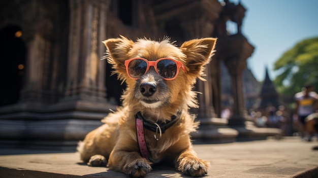 建物の前の棚に座るサングラスをかけたアラフィー犬生成AI