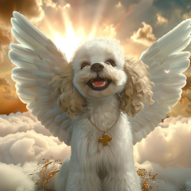 Photo araffe dog with angel wings in the clouds with a golden necklace generative ai