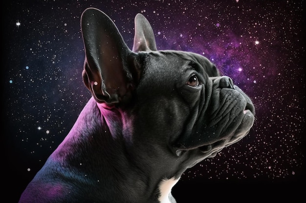 araffe dog with a pink collar looking up at the stars generative ai