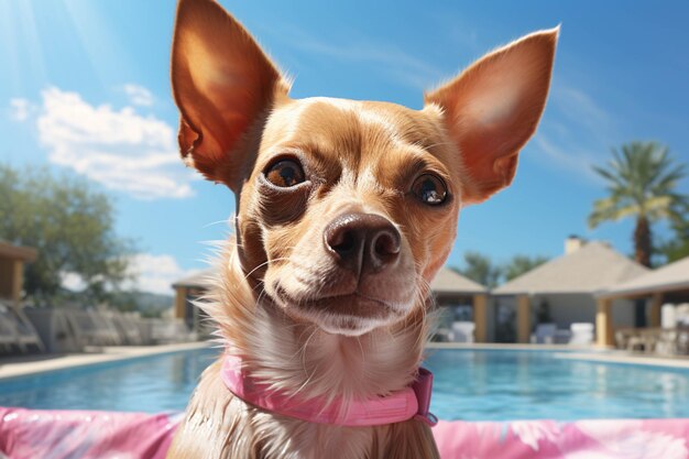 Araffe dog with pink collar sitting in a pink pool generative ai