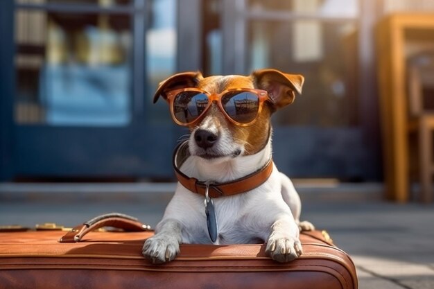 Арафская собака с солнцезащитными очками сидит на чемодане на тротуаре