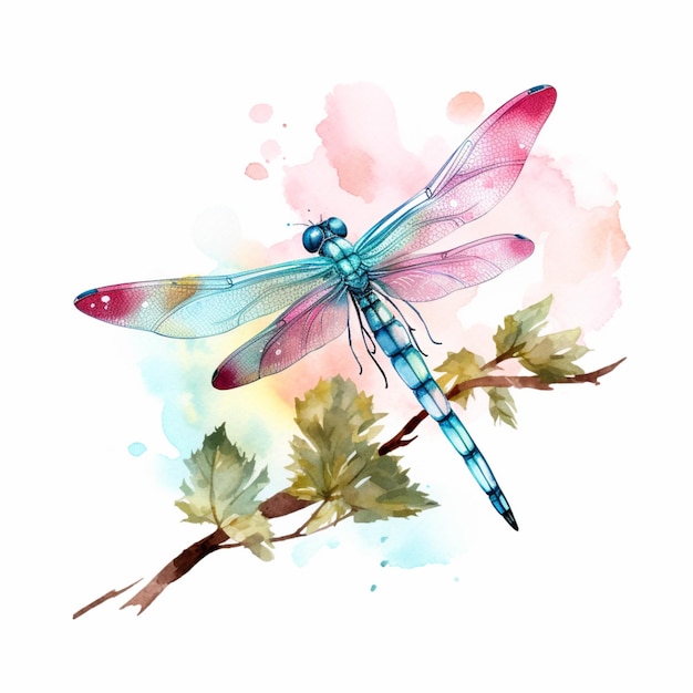 Araffe dragonfly sitting on a branch with leaves and watercolor background generative ai