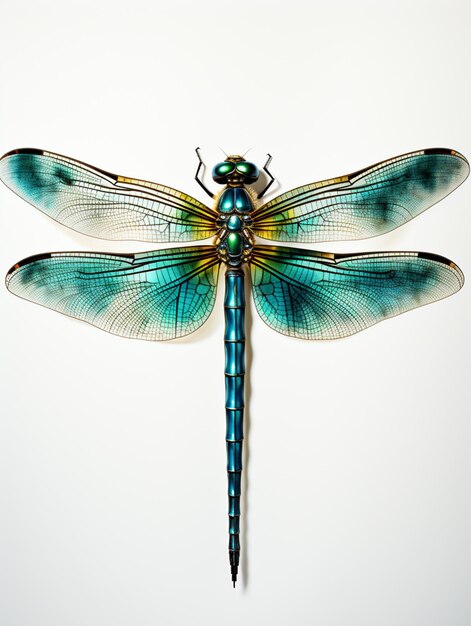 araffe dragonfly with blue wings and green wings on a white background generative ai