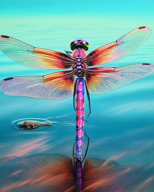 araffe dragonfly with a colorful body and wings sitting on a rock in the water generative ai