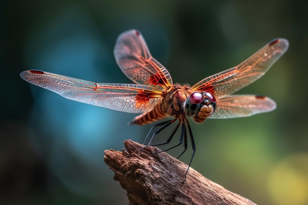 Araffe dragonfly with red eyes sitting on a branch generative ai