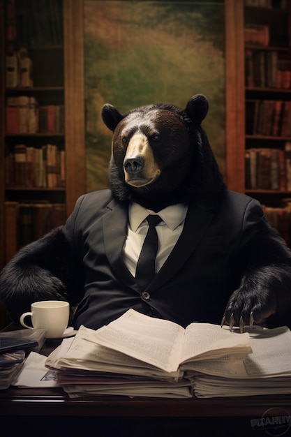 コーヒーを飲みながら机に座っているクマの服を着たアラフ