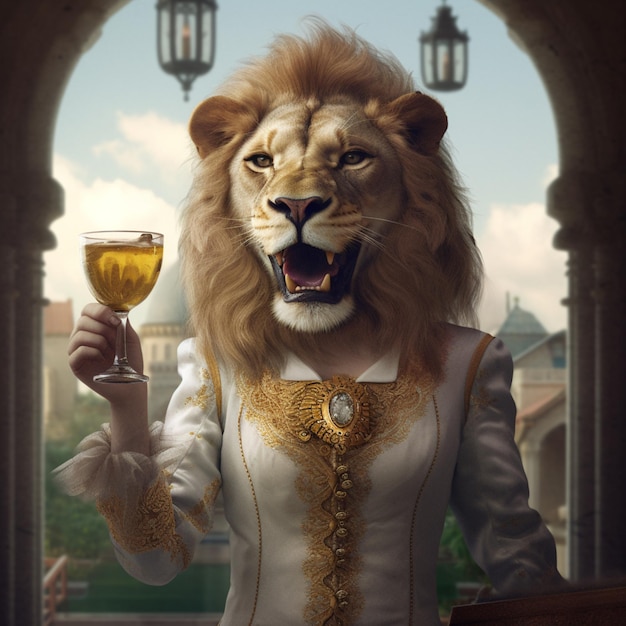 ワインのグラスを持ったライオンの格好をしたアラフィフの生成AI