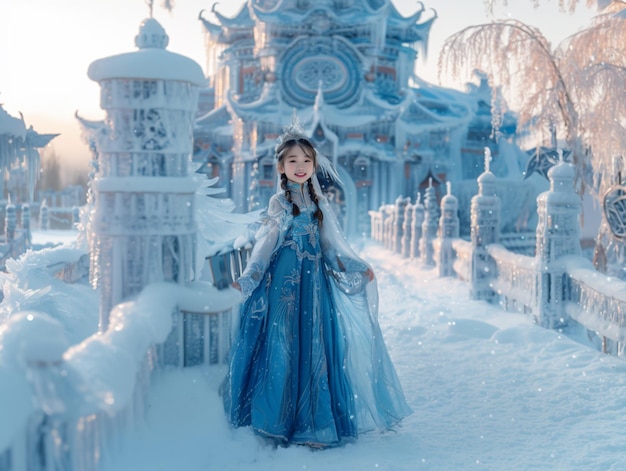 写真 青いドレスを着たアラフが雪の中に立っている