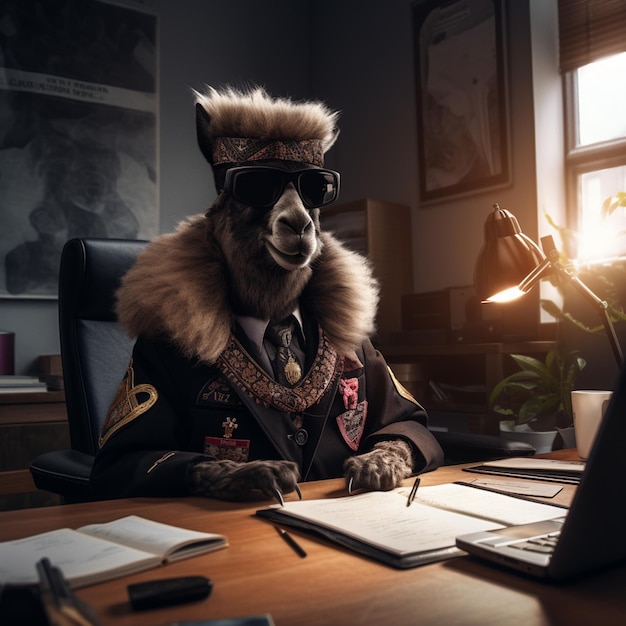 Foto araffe vestito in uniforme militare seduto a una scrivania con un laptop generativo ai