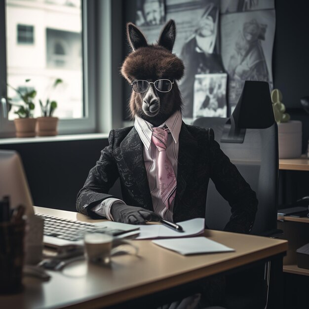 Photo araffe dressed in a suit and tie sitting at a desk generative ai