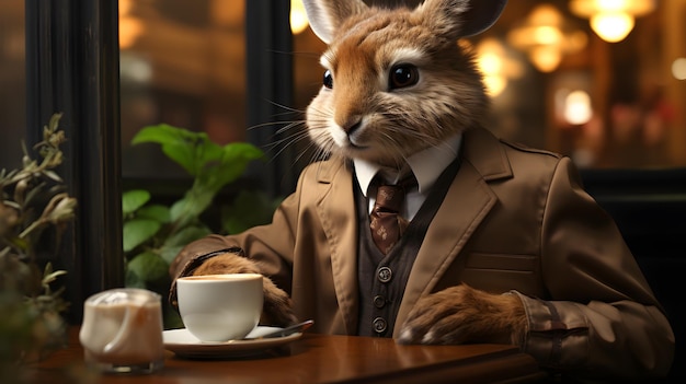 Araffe dressed in a suit and tie sitting at a table with a cup of coffee generative ai