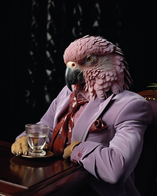 araffe dressed in a suit and tie sitting at a table with a glass of water generative ai