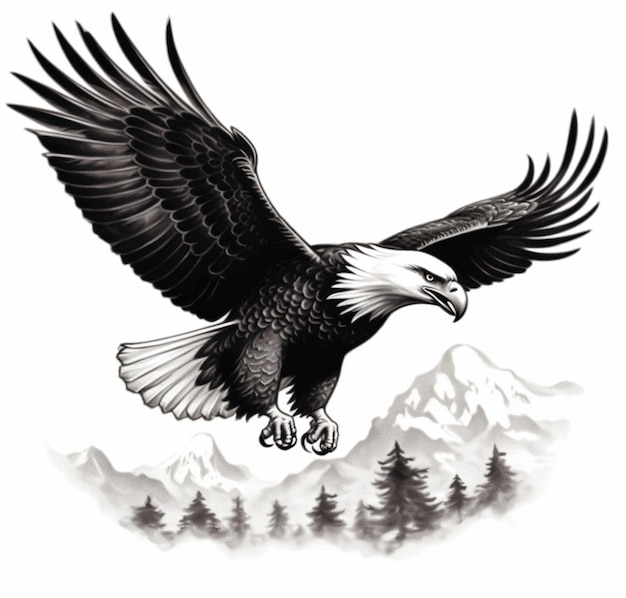 Araffe eagle flying over a mountain range with pine trees generative ai