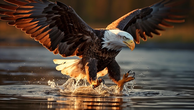 araffe орел приземляется на воду с расправленными крыльями генеративный ай