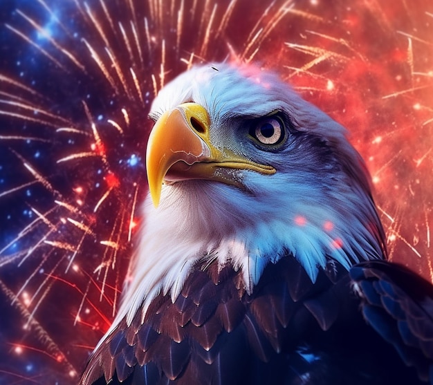 Araffe eagle with fireworks in the background and a red and blue sky generative ai
