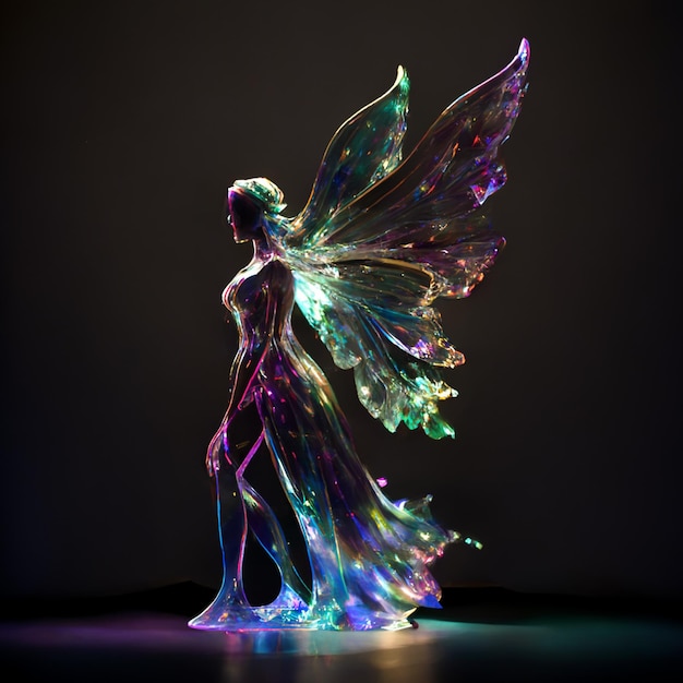 Araffe fairy with glowing wings standing in a dark room generative ai