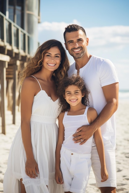 Araffe-familie poseert voor een foto op het strand