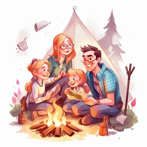 Araffe family sitting around a campfire with a campfire in the background generative ai