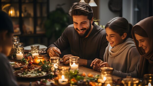 araffe family sitting at a dinner table with candles and food Generative AI