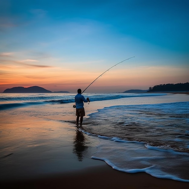 Premium Photo  Araffe fishing on the beach at sunset with a fishing rod  generative ai