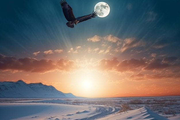 Araffe flying over a snowy landscape with a full moon generative ai