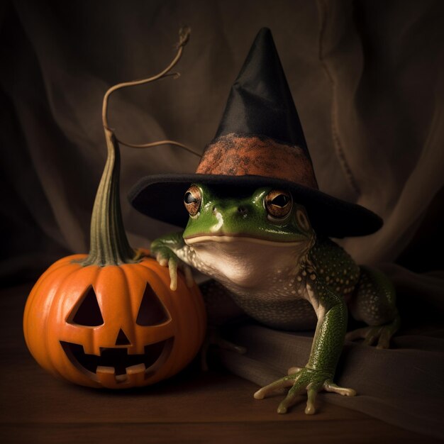 araffe frog wearing a witch hat and holding a pumpkin generative ai