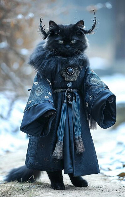 Araffe gekleed in een blauwe mantel en een zwarte kat generatieve ai