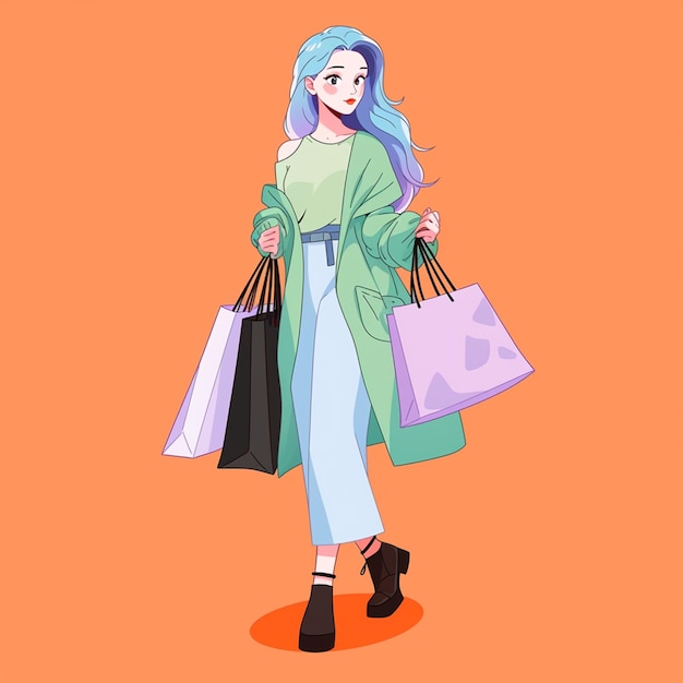 파란 머리카락과 초록색 코트를 입은 아라프 소녀가 쇼핑 가방을 들고 있다