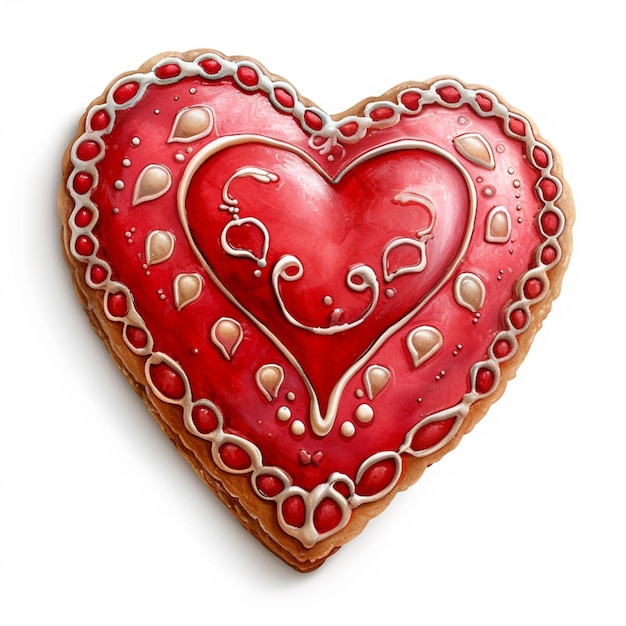 araffe heart shaped cookie with red icing and gold decorations generative ai