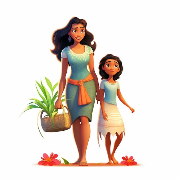 Araffe and her daughter walking together with a basket of flowers generative ai