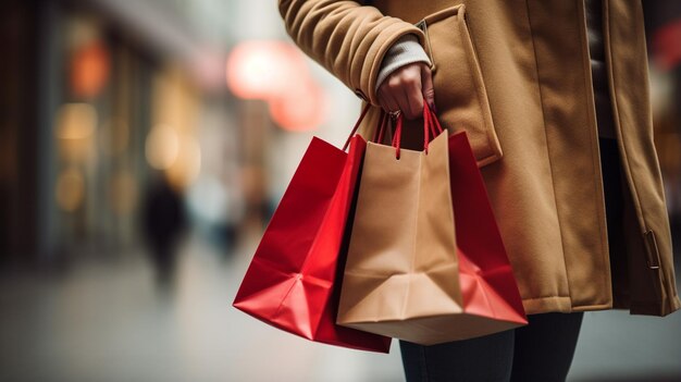 Foto araffe che tiene una borsa della spesa rossa e bianca in una città generativa ai