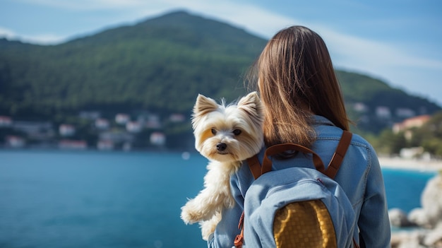 Araffe-hond in een rugzak die wordt gedragen door een generatieve ai van een vrouw