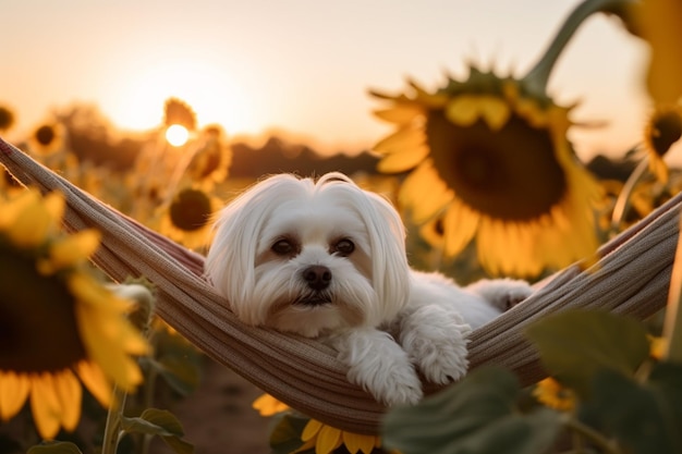 araffe hond liggend in een hangmat in een veld met zonnebloemen generatieve ai