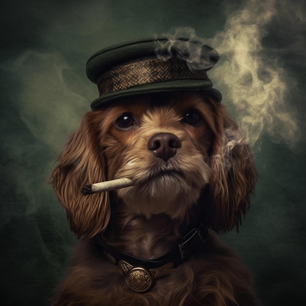 Araffe hond met een hoed en rokende sigaret in zijn mond generatieve ai