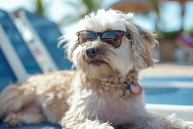 Araffe hond met zonnebril zit op een blauwe zwembad stoel generatieve ai