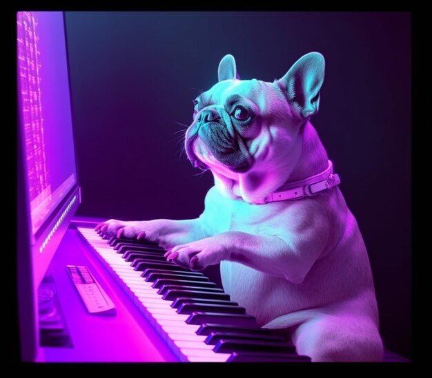 Araffe hond zit op een kruk en speelt een piano generatieve ai