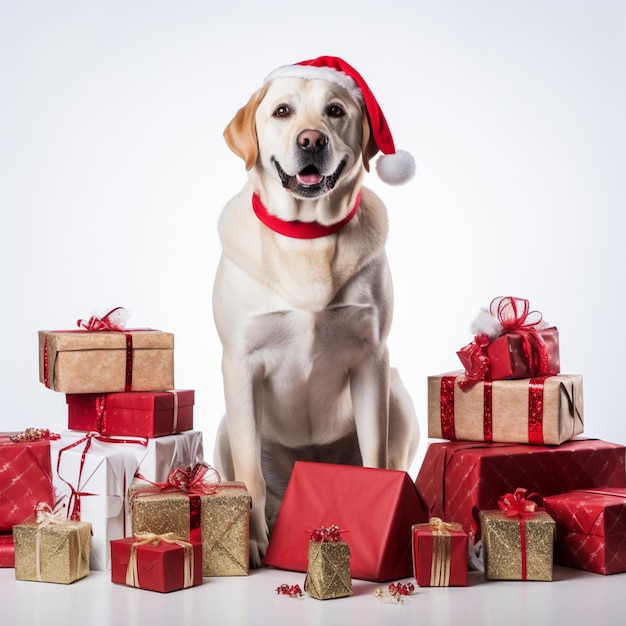 Araffe hond zit voor een stapel geschenken generatieve ai