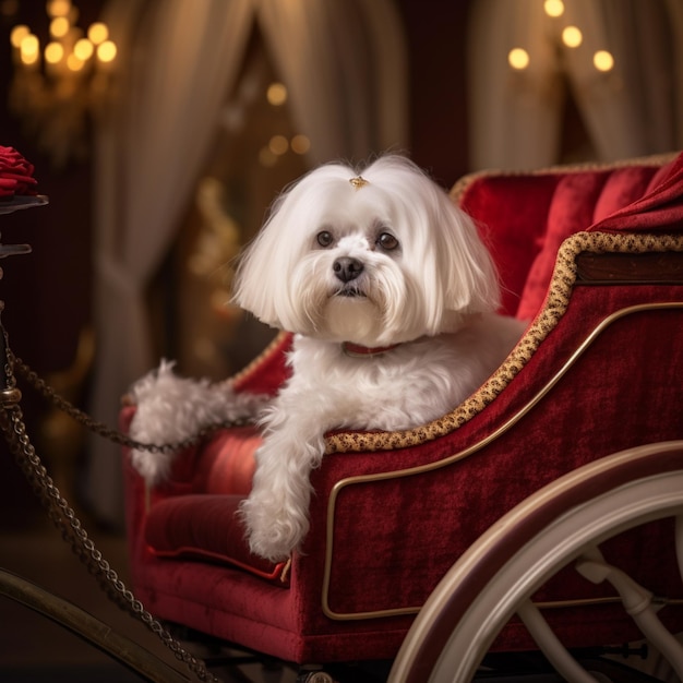 Araffe hond zittend in een rode koets met een gouden ketting generatieve ai