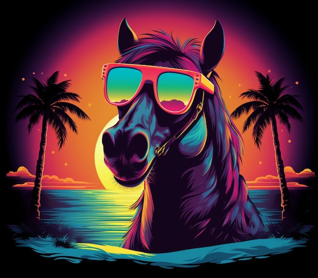 araffe horse wearing sunglasses on a beach with palm trees generative ai