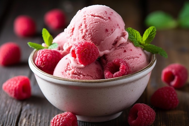 Araffe ice cream in a bowl with raspberries on a wooden table generative ai