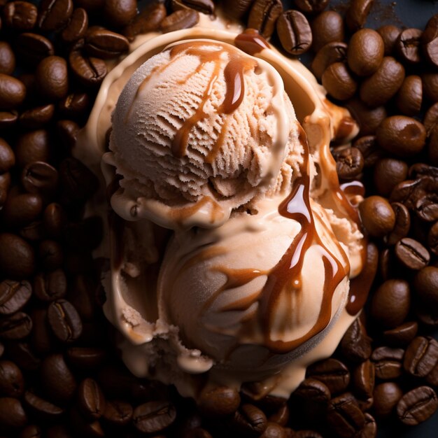 araffe ice cream with caramel sauce and coffee beans generative ai