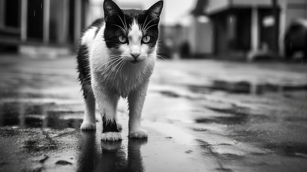 araffe kat die op natte stoep staat voor een gebouw generatieve ai