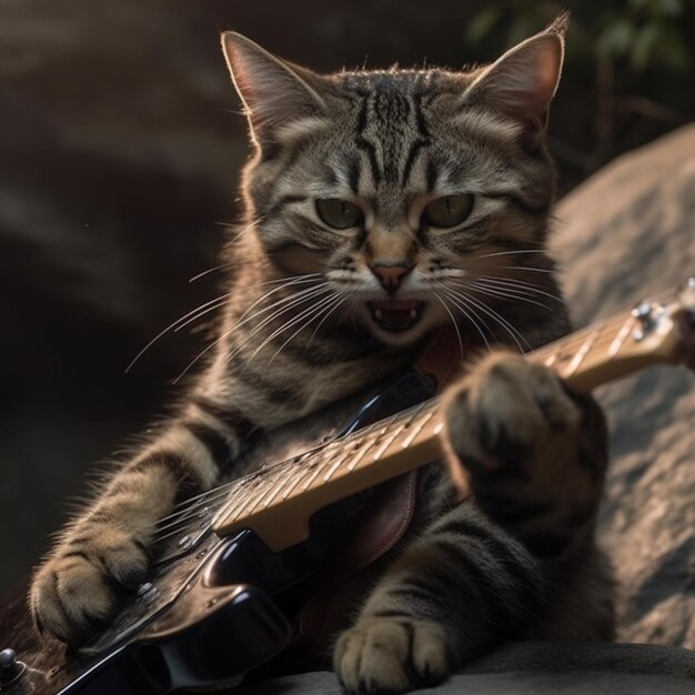 araffe kat speelt gitaar op een rots met zijn poot in de nek generatieve ai