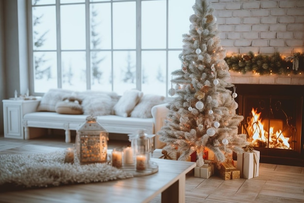 Araffe kerstboom met kaarsen en decoraties voor een open haard generatieve ai