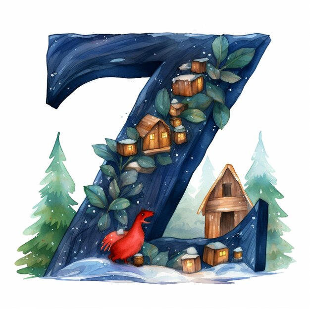 araffe letter z with a cardinal bird and a house in the snow generative ai