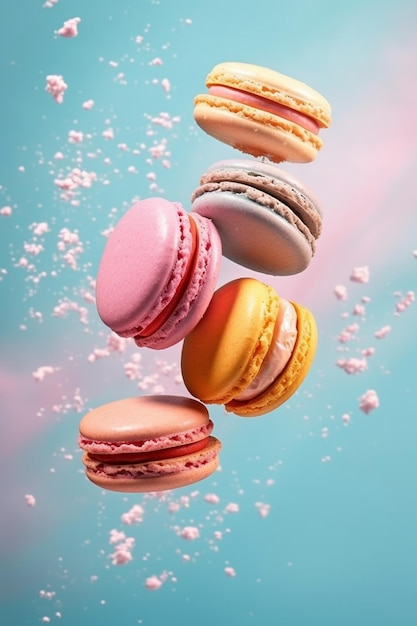 Araffe macarons flying in the air with pink and blue background generative ai