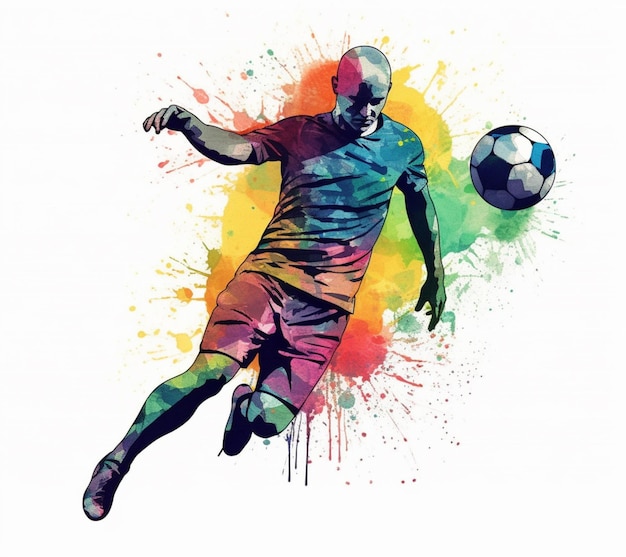 Araffe man kicking a soccer ball with colorful splats generative ai