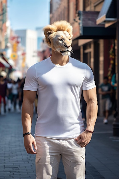 araffe man wearing a lion mask on a city street generative ai