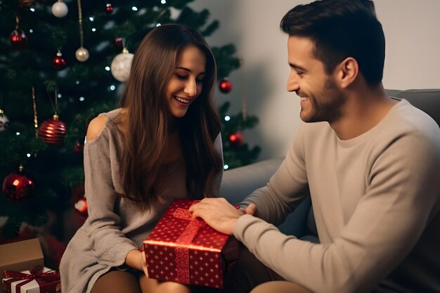 araffe man and woman sitting on a couch with a christmas present Generative AI